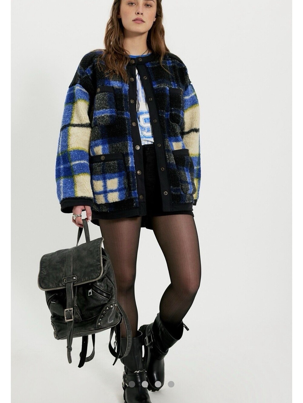 Free Peoplle Heritage Cardi Jacket We The Free  Sherpa Black Blue Sz S  #1353